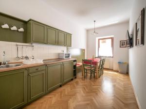 克拉尼斯卡戈拉Berghi Hotel and Apartments的厨房配有绿色橱柜和桌椅