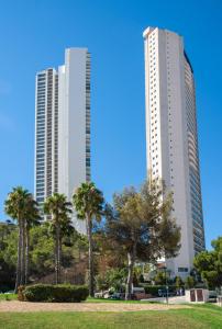 贝尼多姆Pierre & Vacances Apartamentos Benidorm Horizon的两座高大的建筑,在公园里种有棕榈树