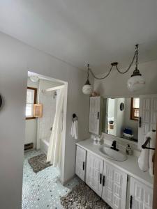 威斯康星戴尔Breezeway Bay - Waterfront Full House的浴室配有盥洗盆、镜子和浴缸