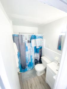 圣彼得堡Uptown Inn & Suites的浴室设有白色卫生间和蓝色的浴帘。