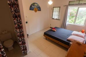 土布艾岛Tavaetu Guesthouse - île de TUBUAI的一间卧室设有一张床、一个卫生间和一个窗口