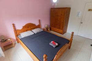 土布艾岛Tavaetu Guesthouse - île de TUBUAI的一间卧室配有一张大木床和蓝色毯子