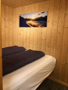Achseten维德利木屋酒店的卧室配有木墙内的两张床