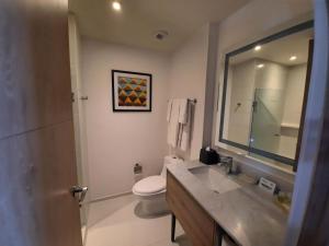 梅里达Holiday Inn & Suites - Merida La Isla, an IHG Hotel的一间带水槽、卫生间和镜子的浴室