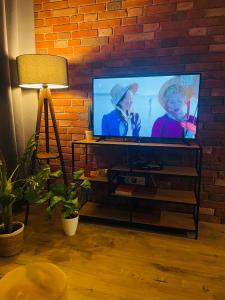 奥斯特罗文卡NaturaApart bezpłatny parking的客厅设有一台平面电视和砖墙