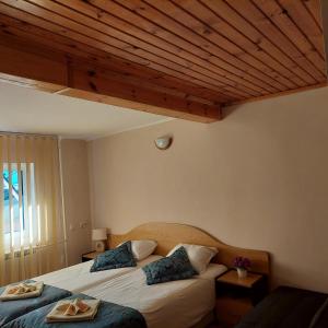 班斯科天竺葵山旅馆的一间卧室设有两张床和木制天花板