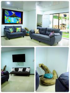 蓬塔雷纳斯CasaLu的客厅的四张照片,配有沙发和电视