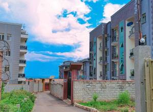 坎帕拉Lima's Vacation 1BR Apt with Wi-Fi & Netflix in Kampala, Namugongo road的城市街道上一排公寓楼