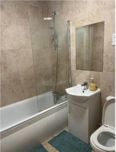 巴尔金Modern and Stylish 1bed flat的带浴缸、盥洗盆和卫生间的浴室