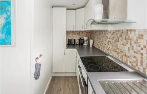 Kolby KåsUdsigtspavillion的厨房配有白色橱柜和炉灶烤箱。