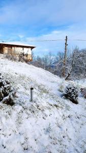 科尔贝尼Casa Veche Corbeni的一座雪覆盖的山丘,上面有一座房子
