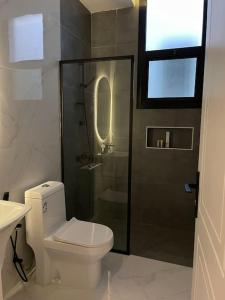 利雅德Smart Entry Apartment的一间带卫生间和玻璃淋浴间的浴室