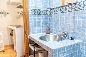 马德里Adorable apartamento en Almagro的蓝色瓷砖墙内带水槽的浴室