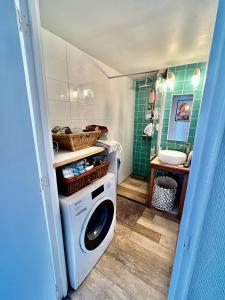 海牙IVY - Classical & modern apartment in lovely neighbourhood near beach的一间带盥洗盆的浴室内的洗衣机
