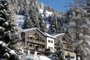 阿尔卑斯休斯山施慕恩酒店的雪地中的一座建筑,有雪覆盖的树木
