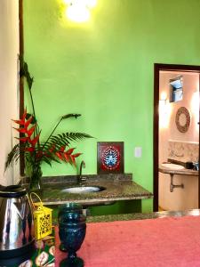 阿拉亚尔达茹达Gaia Eco Glamping - Instituto Almas Livres的绿色浴室设有水槽和绿色的墙壁