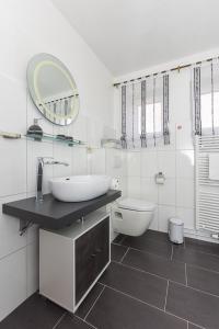 埃森斯Pension Nordlicht的一间带水槽、卫生间和镜子的浴室
