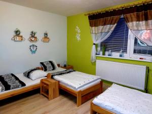 斯塔拉·里斯拉House Hanka, High Tatras的配有两张床的客房,设有绿色的墙壁和窗户