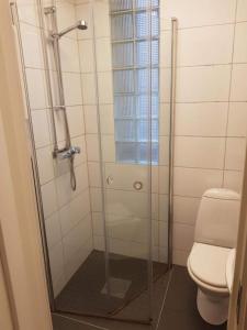 卑尔根City Hostel Bergen的浴室设有玻璃淋浴间和卫生间