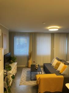 莫斯Ny Hybel leilighet med eget bad og egen inngang的一间带床和电视的客厅