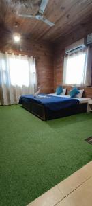 瑞诗凯诗BlueStays Hostel的一间设有两张床的客房,铺有绿色地毯