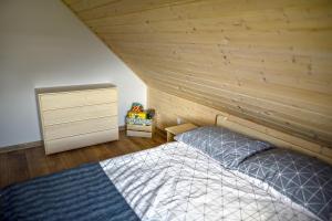 乌伊索维Domek w Klisiówkach的一间卧室设有一张床和木墙