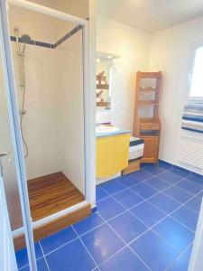 帕克斯港Magnifique maison avec piscine的带淋浴的浴室和蓝色瓷砖地板。
