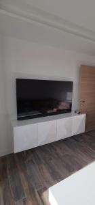 普罗旺斯艾克斯T2 tout confort climatisé de Lilou的一间客厅,客厅的白色墙壁上配有大电视