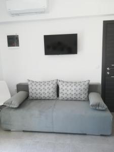 依诺罗达Aiolos Blu Luxury Apartments的客厅里配有带枕头的沙发