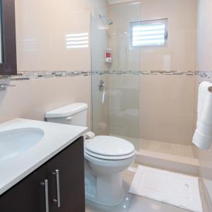 多拉多Aquaville Dorado Moderna Villa 5的一间带卫生间和玻璃淋浴间的浴室
