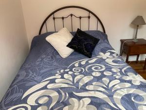 Sant Andrea di BozioCasa Defranchi的一张带蓝色和白色毯子的床和两个枕头