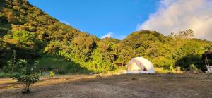 蒙泰韦尔德哥斯达黎加Domo Glamping Monteverde的山边田野上的白色帐篷