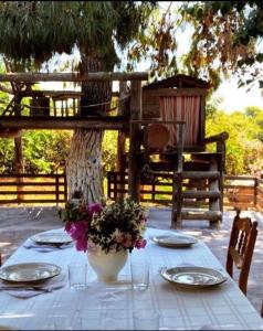 克兰尼蒂giagias family farm的一张桌子,上面有盘子和花瓶