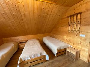 NowicaNowica 71 Relax Dom Świerkowy的小木屋内带两张床的房间