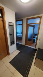 斯拉沃尼亚布罗德MED MAN Apartmani的一间设有两面镜子和黑色地毯的房间