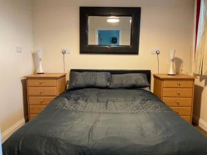帕兹托Comfy and welcoming 2 bedroom Annex.的卧室配有一张床,墙上设有镜子