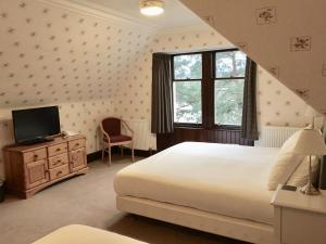 卡布里奇Dalrachney Lodge的一间卧室设有一张床、一台电视和一个窗口。