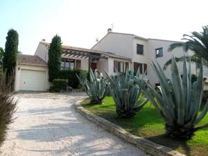 耶尔villa d'exception avec piscine , au bord de la mer的车道前两棵绿色植物的房子
