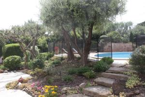 耶尔villa d'exception avec piscine , au bord de la mer的花园设有游泳池,种有树木和鲜花