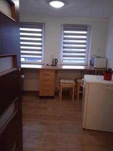 Železný BrodUbytovani u Nadii的厨房设有2扇窗户和1个带桌子的柜台。