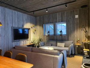 耶尔夫瑟Modern Stuga med Ski Lodge känsla的客厅配有两张沙发和一台电视