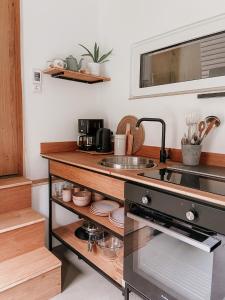 埃京Modernes Tinyhouse Trailer Cabins am Waldrand - mit Seezugang的厨房配有水槽和台面