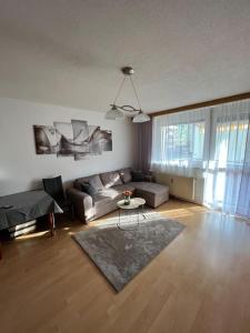 格拉茨Apartment in einer ruhigen Umgebung in Graz的客厅配有沙发和桌子