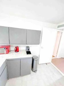 Hither GreenSpacious Two Bedroom flat的厨房配有白色橱柜和红色用具