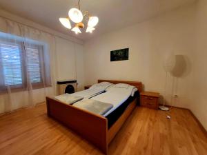 SarudWatAir House Apartman Sarud的一间卧室配有一张床和吊扇