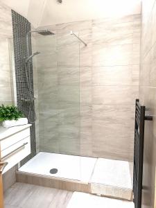 纽黑文New COSY HOMES的浴室里设有玻璃门淋浴