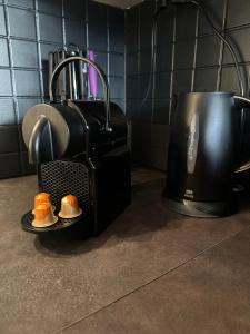 梅塔比耶Metabief- Front de piste的厨房配有榨汁机和盘子上的两个橙子