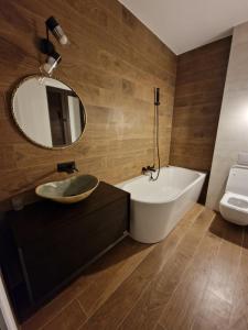 普雷代亚尔Vila Carolyne的带浴缸、水槽和镜子的浴室