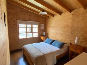 卡斯特鲁Hostal Palafito Waiwen的一间卧室配有一张带蓝色枕头的床和一扇窗户。