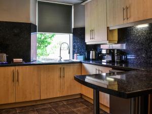 邓弗里斯River View的厨房配有木制橱柜和黑色台面